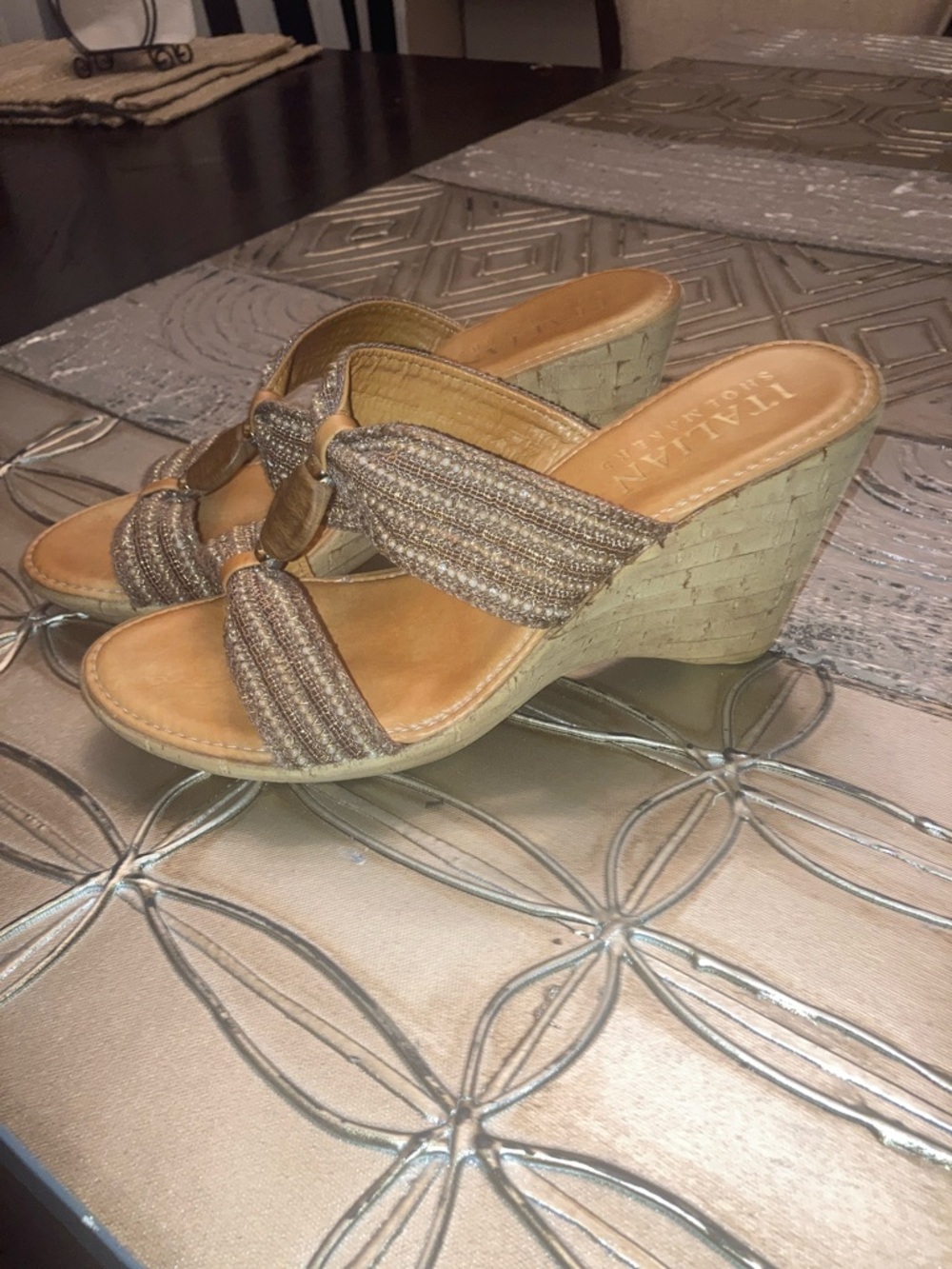 Italian Shoemakers Tan and Gold Beaded Wedge Sandals